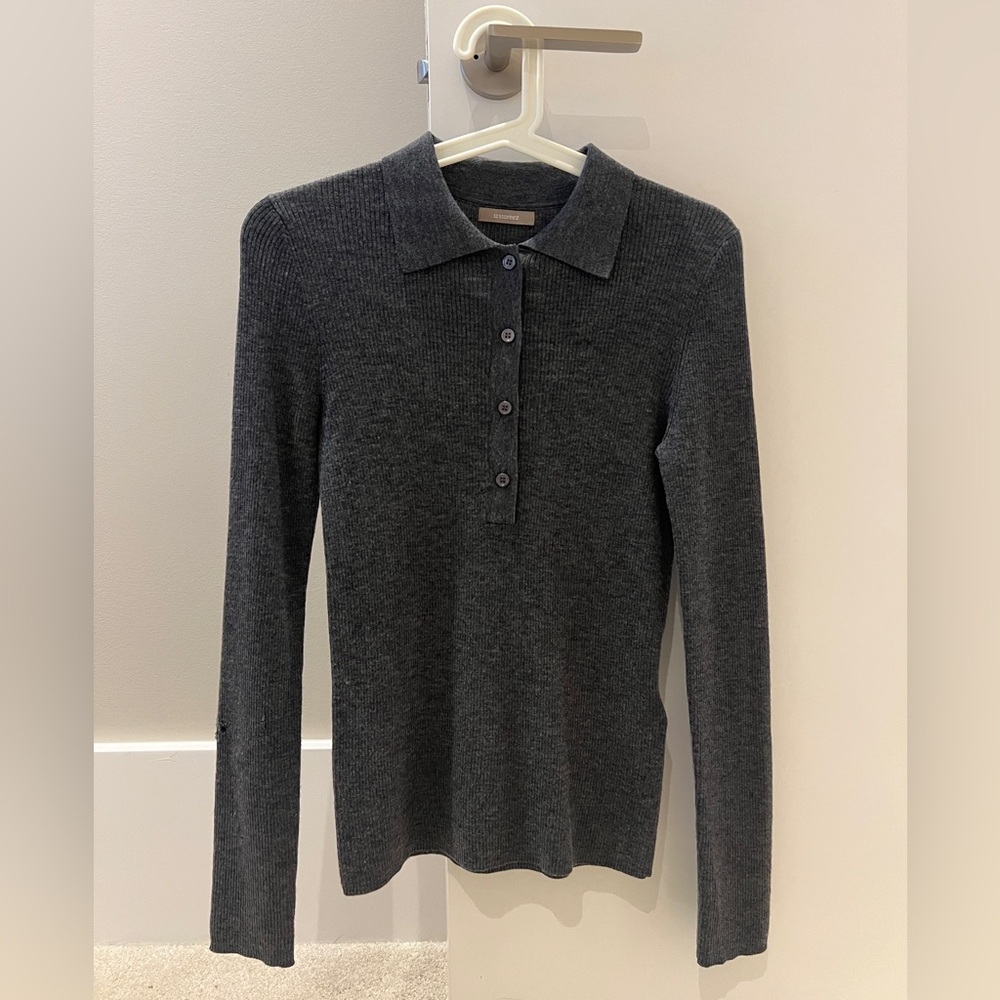 12Storeez Merino-Wool Dark Gray Long-Sleeve Polo Knit Top